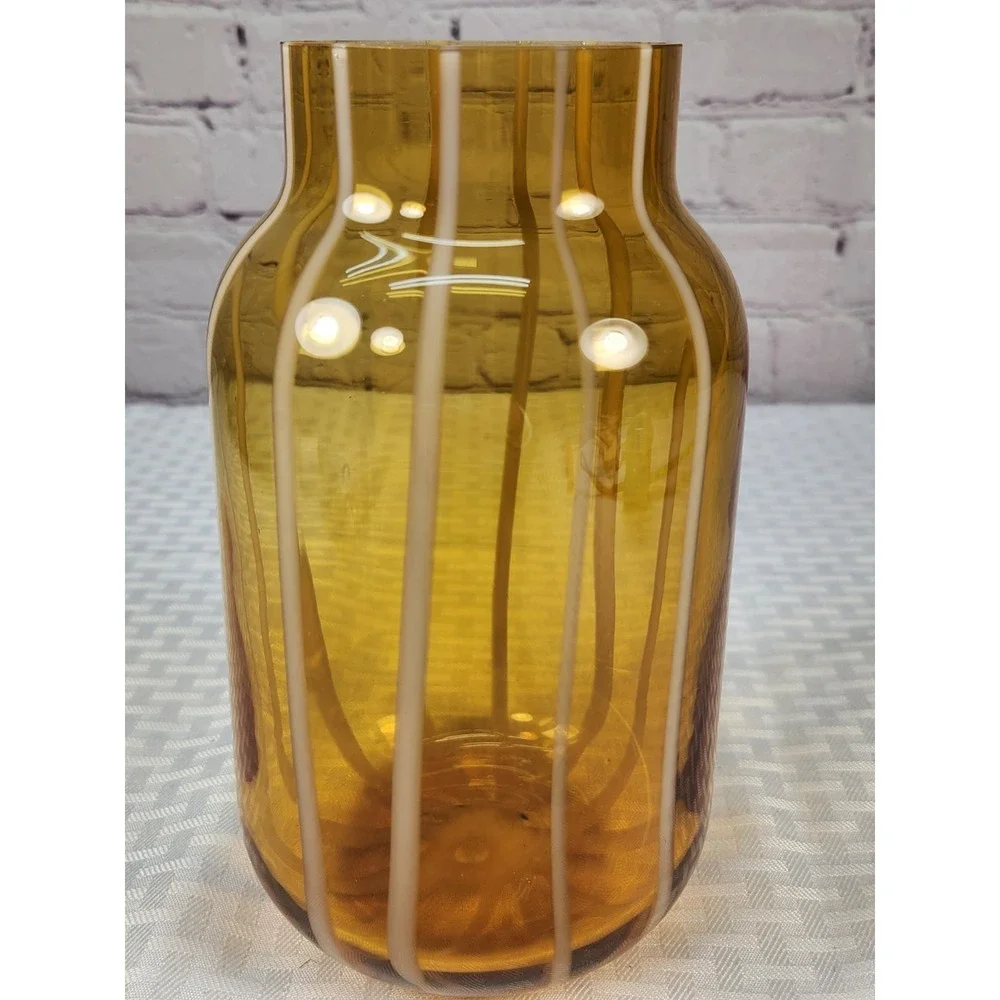 Vintage Hand-Blown Amber Butterscotch And White Striped Glass Vase